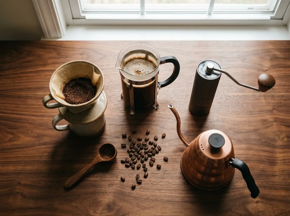 Pour-over brewer, French press, grinder and kettle on a walnut table
