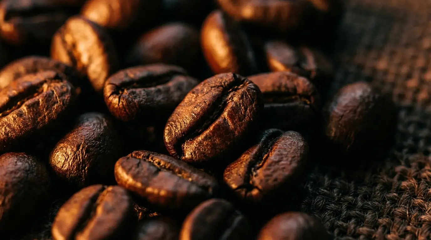 Macro of glistening fresh-roasted coffee beans