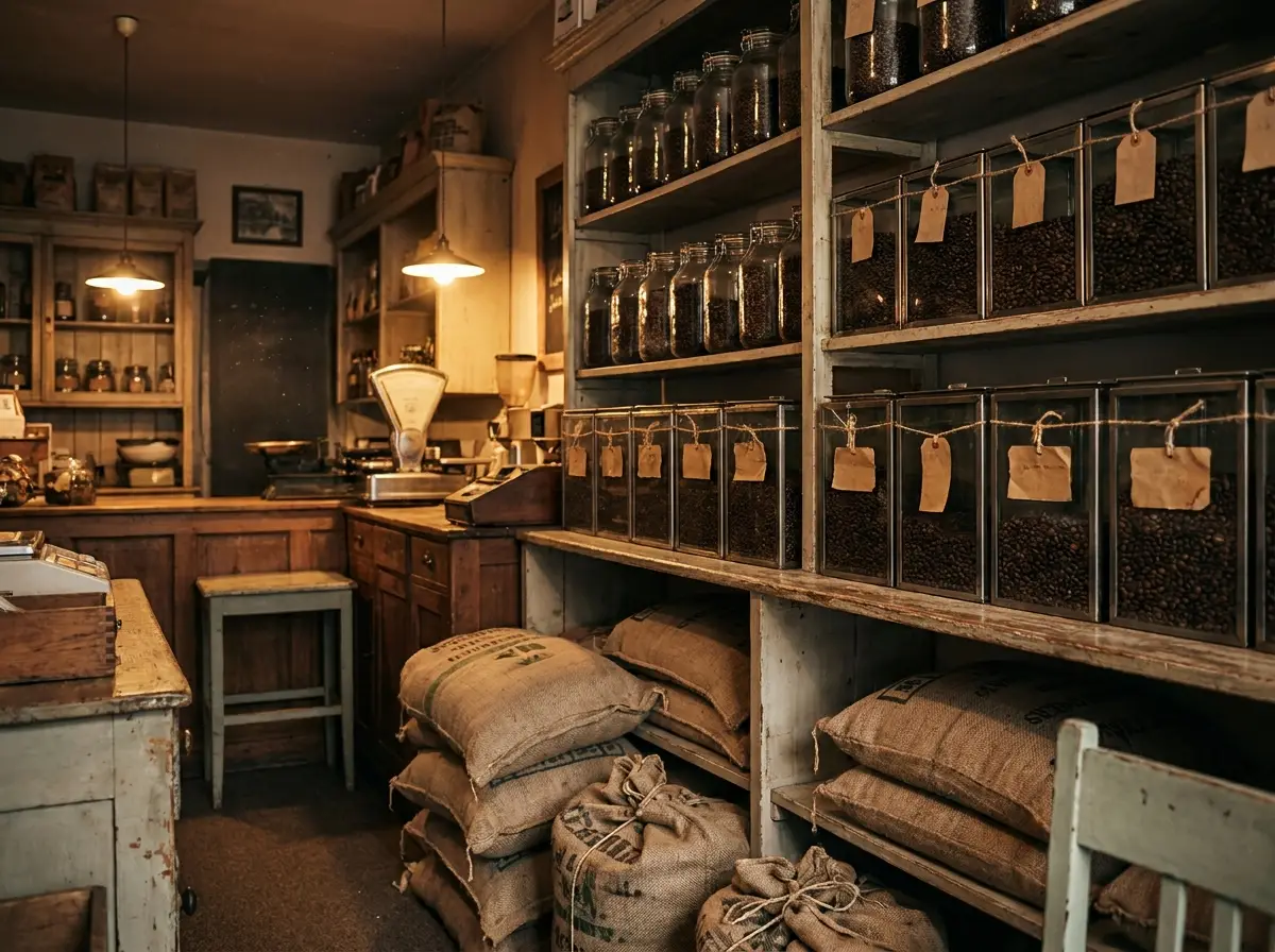 Glass bins of fresh-roasted coffee beans on wooden shelves