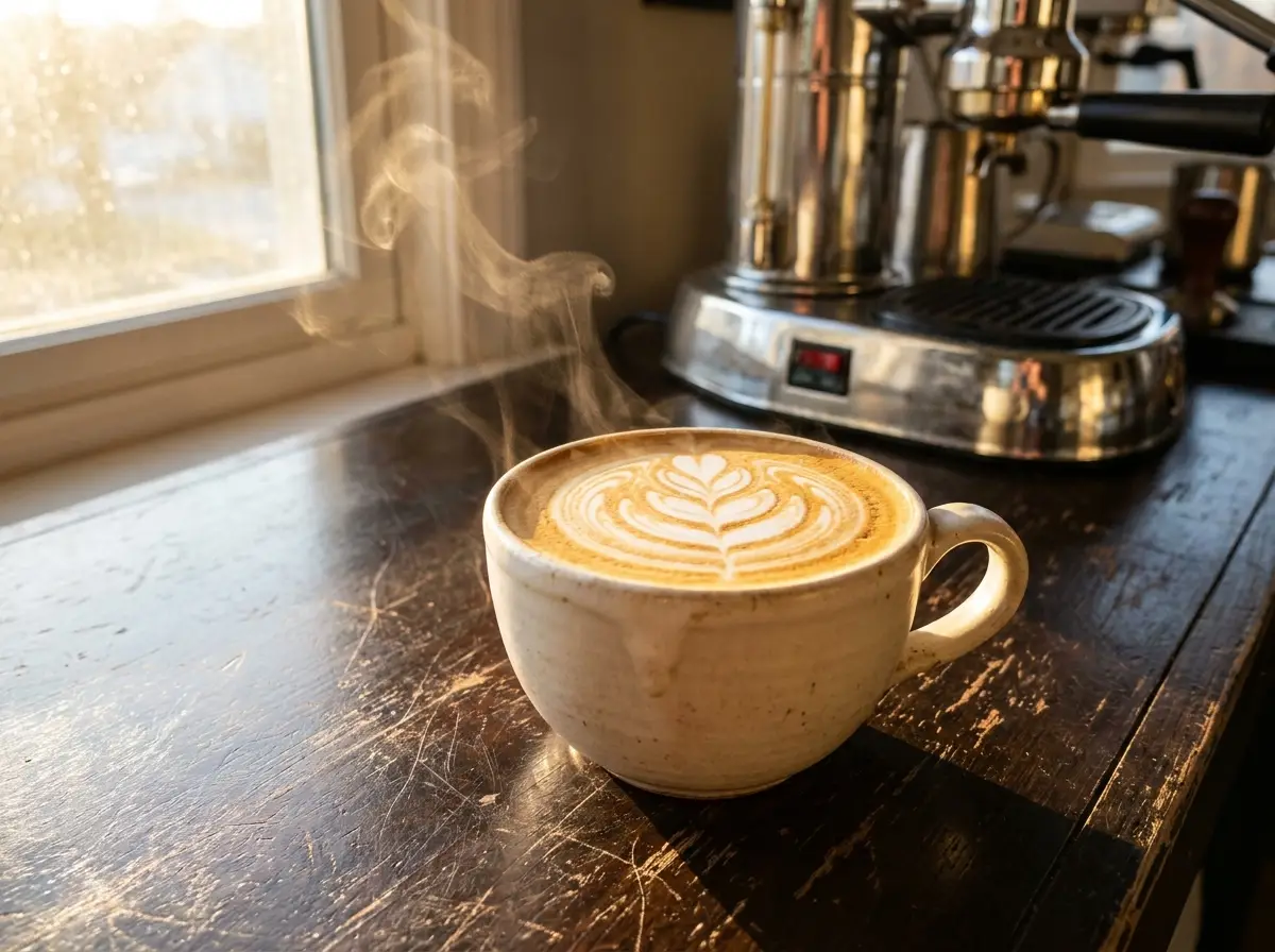 Latte art in a cream cup on the espresso bar at Prestogeorge