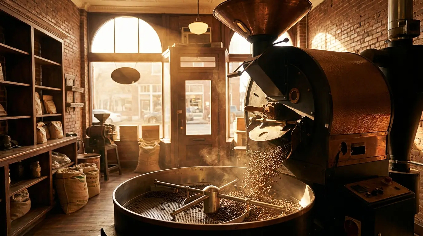 Copper drum coffee roaster pouring a fresh batch of beans into the cooling tray at Prestogeorge
