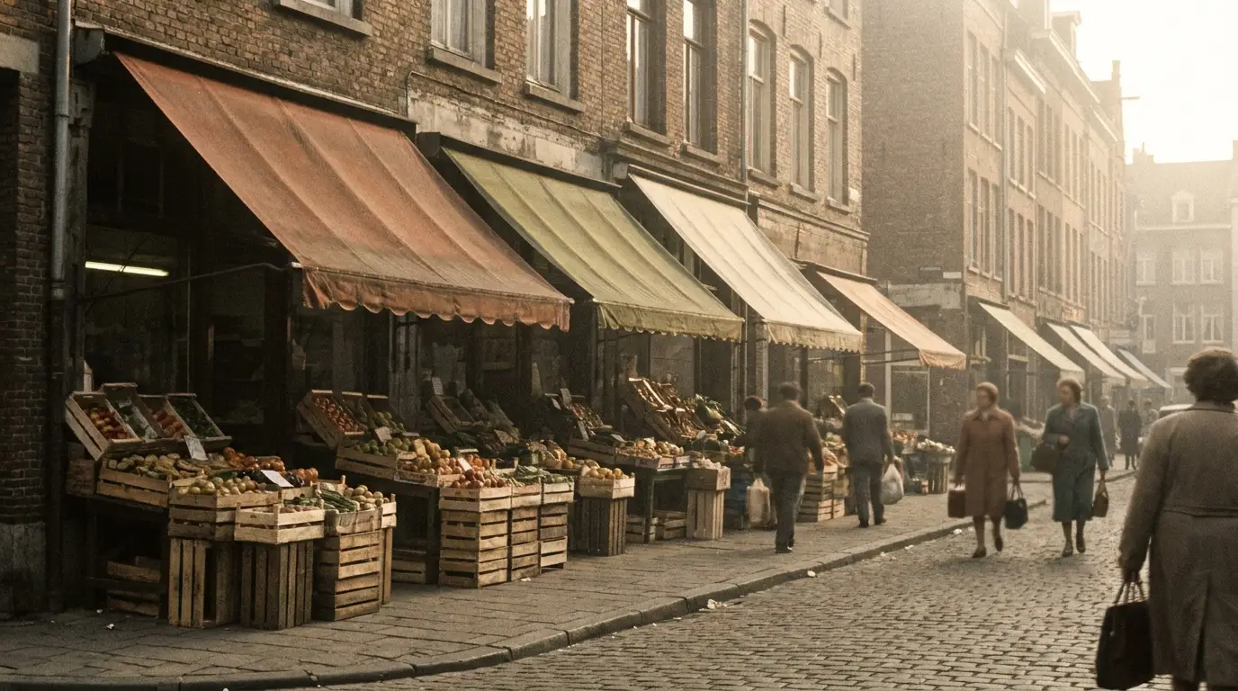 Historic market street with awnings and produce crates, in the spirit of the Strip District
