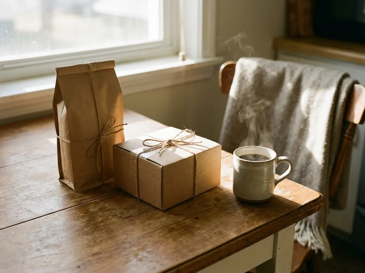 A fresh coffee delivery — kraft bag, shipping box and steaming mug on a kitchen table
