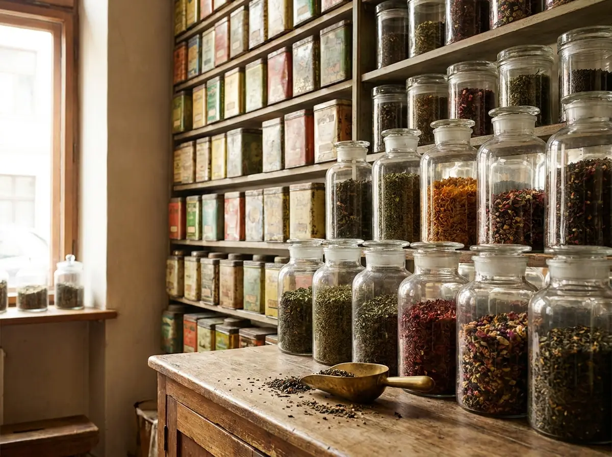 Wall of tea tins and jars of loose-leaf tea